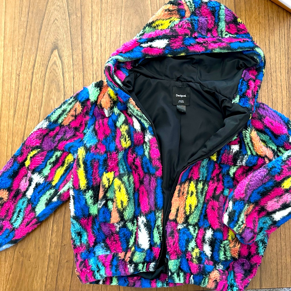 Desigual Multicolored print faux fur jacket